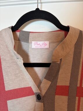 Pink Lily Beige Burberry Like Dress with Red and Black Stripe Detail